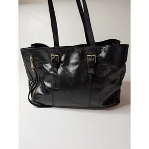 HOBO Cabot Work Tote Shoulder Bag in Black Leather with Antique Brass Hardware